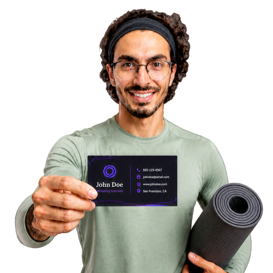 A man with a yoga mat handing over a formal business card
