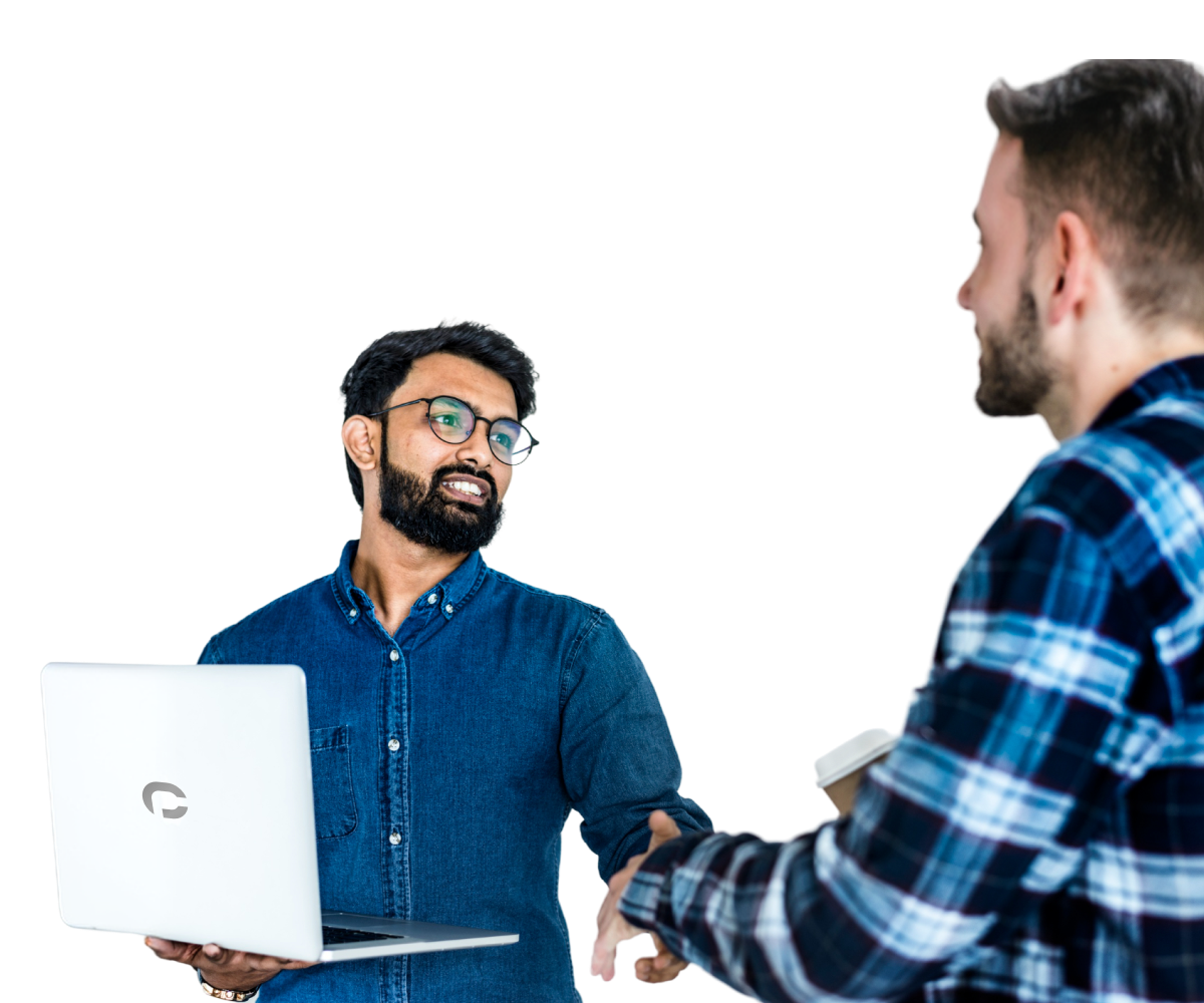 Two people meeting, one holding a laptop showing the Connect Persona logo