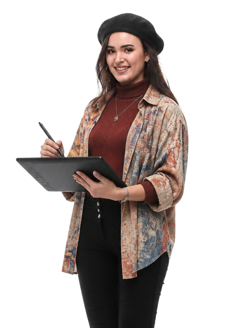 Maya in a beret holding a drawing tablet