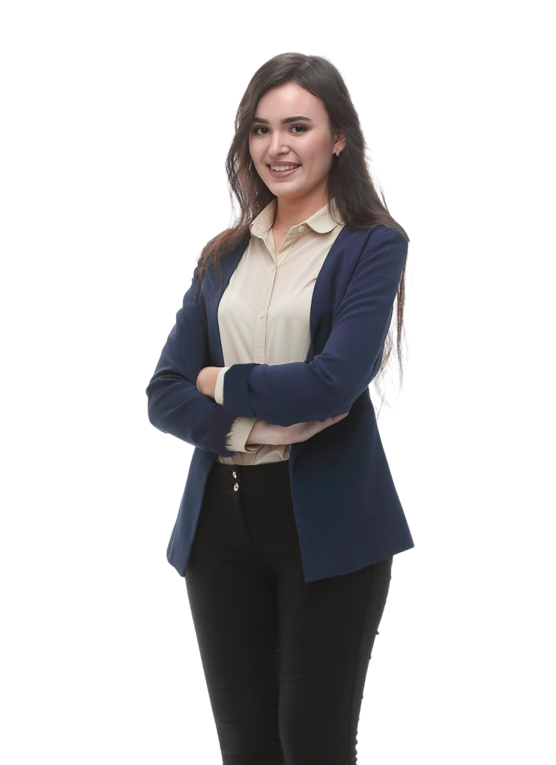 Maya in business attire, arms crossed