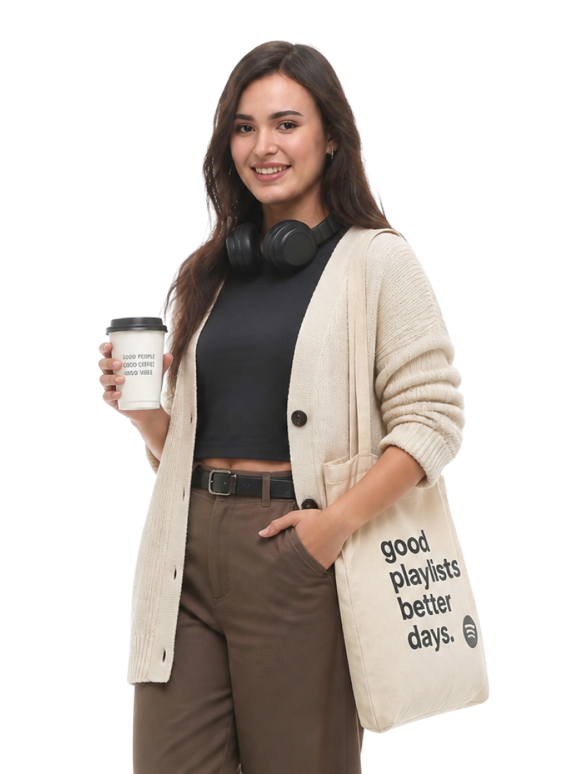 Maya in a casual cardigan holding a coffee